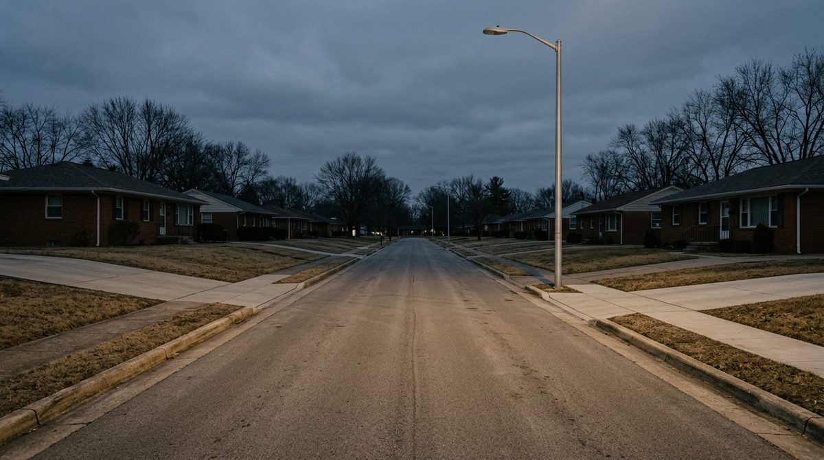 A wide empty American suburban street before dawn, brick ranch houses set back behind dormant winter lawns, one street light burning